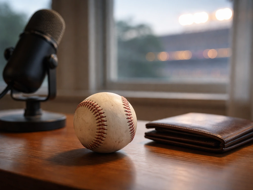 MLB-themed symbolic scene with a baseball and money motif in a quiet office setting