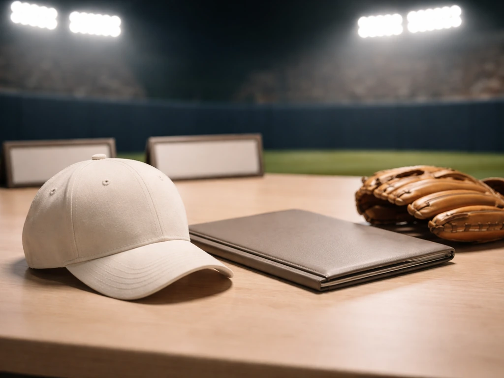 Minimal baseball-themed desk scene with a blurred MLB-style cap and contract folder suggesting identity clarification.