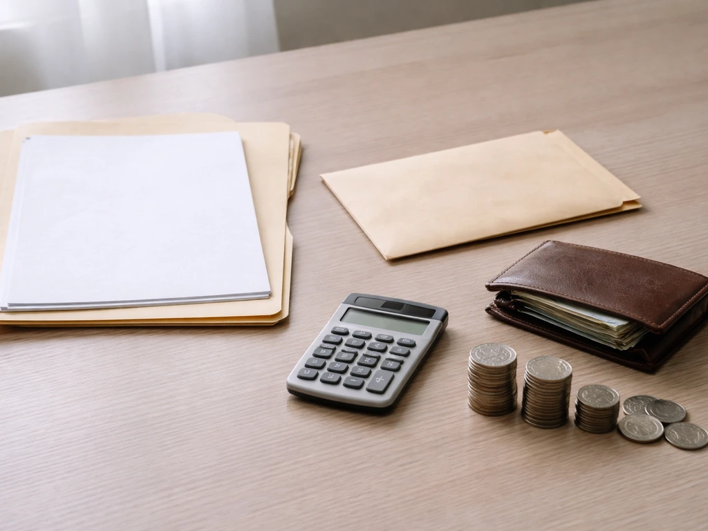 Minimal desk scene with calculator, wallet and coins, papers, and an envelope suggesting assets minus liabilities.