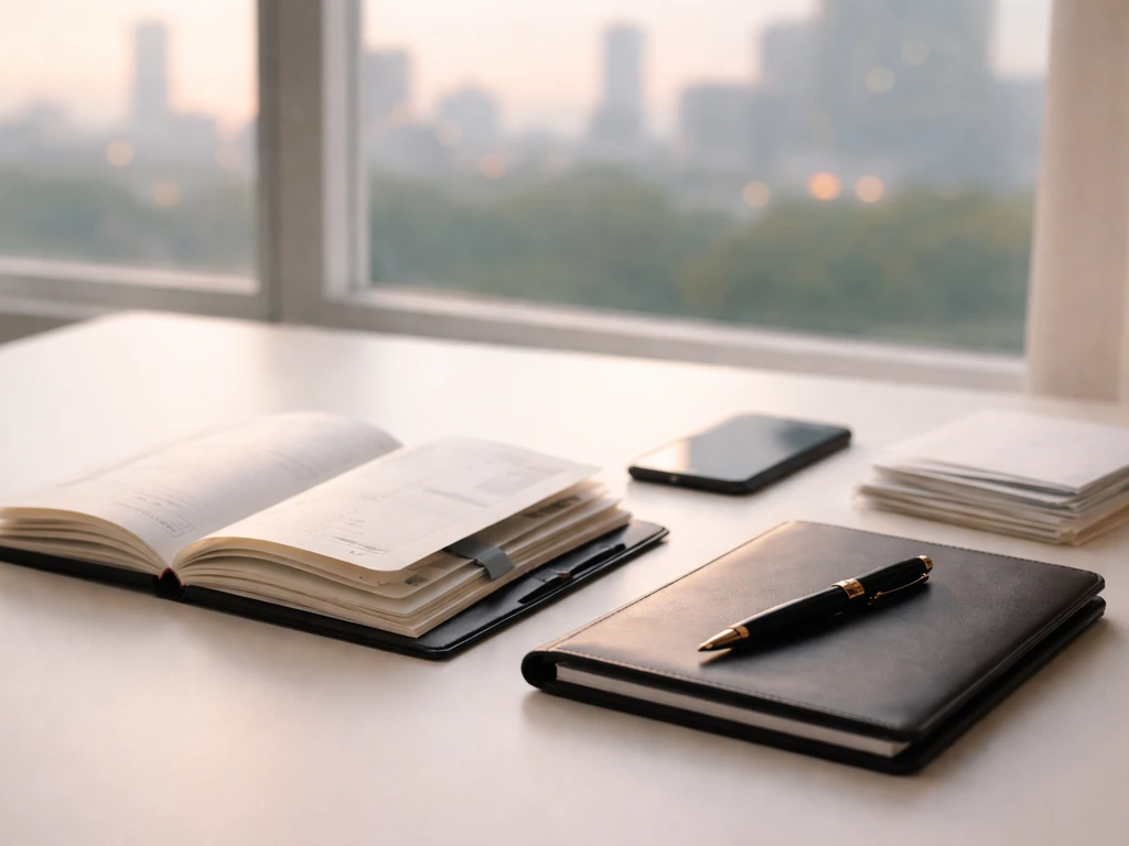 Minimal desk scene with open planner pages, pen, portfolio, and envelopes symbolizing career wealth changes.