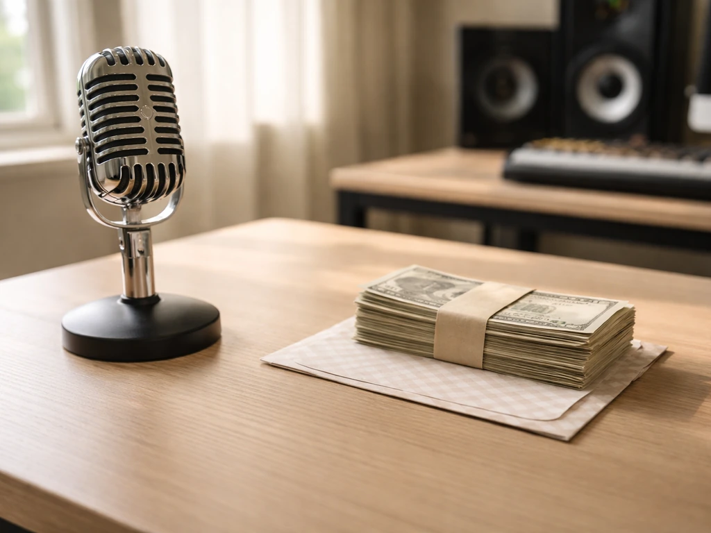 Minimal studio desk scene with a vintage microphone and neatly stacked cash, symbolizing a net worth estimate.