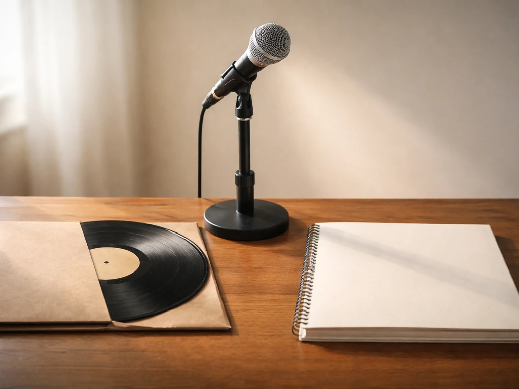 Minimal desk scene with a vinyl record, microphone, and sheet music symbolizing three income pillars.