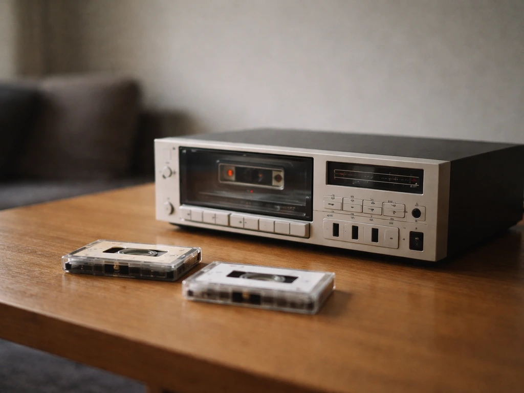 Vintage cassette player with two unlabeled tapes on a wooden table, suggesting earlier and later eras.