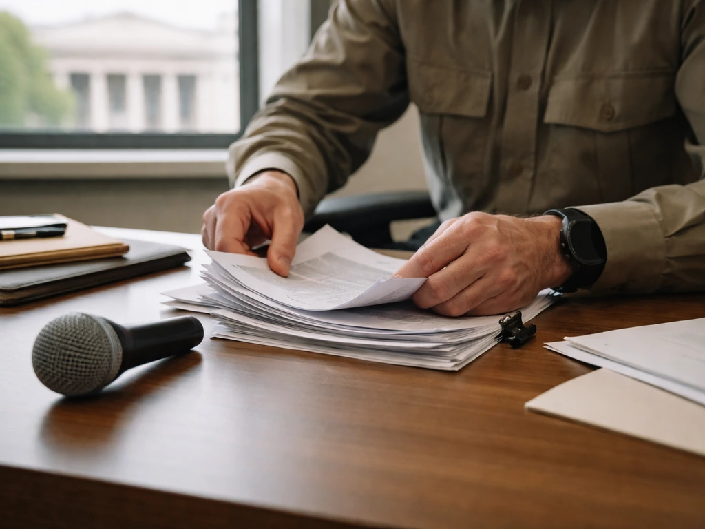 Minimal office scene with a courthouse-style background and a blurred microphone, symbolizing verifying the right public