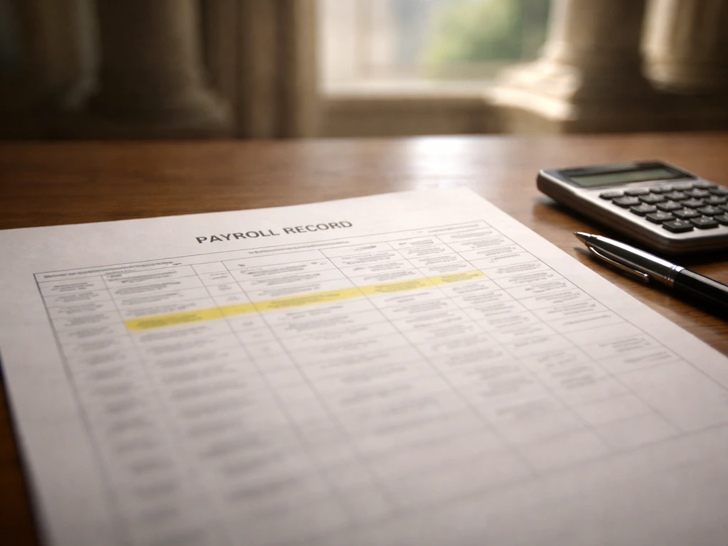 Close-up of a government-style payroll document on a desk beside a calculator and pen