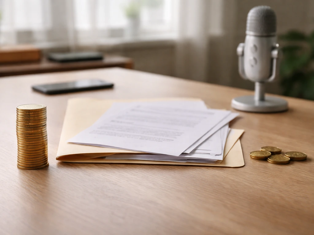 Minimal office desk scene contrasting gold-like coins with fewer coins and blank documents.