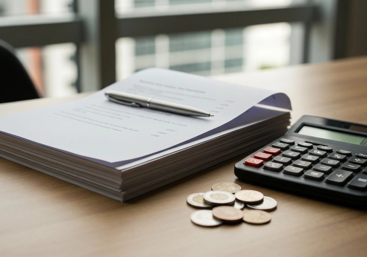 Close-up of unlabelled tax documents, calculator, coins, and pen on a desk by a window.