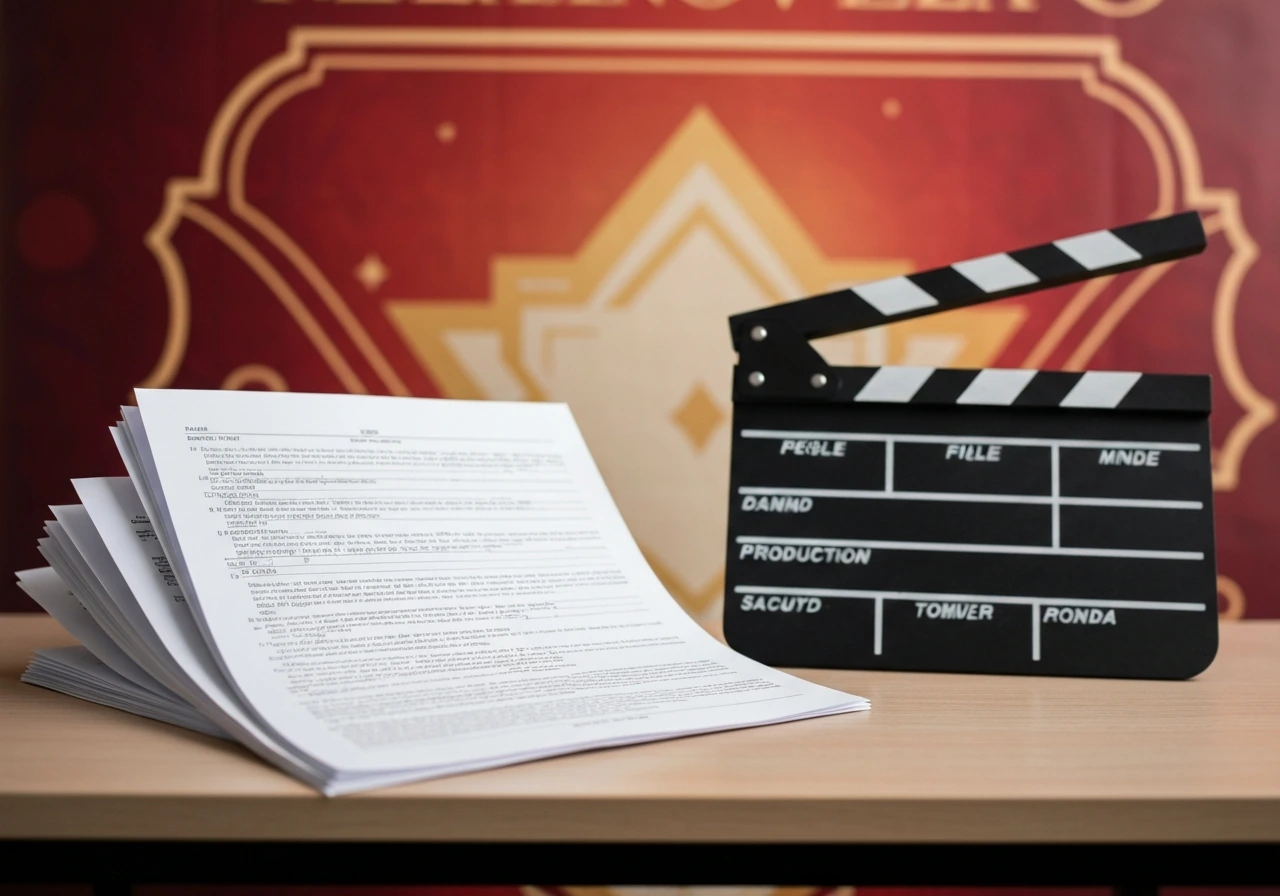 Stack of script pages beside a clapperboard and a Spanish banner-like backdrop for a telenovela theme.