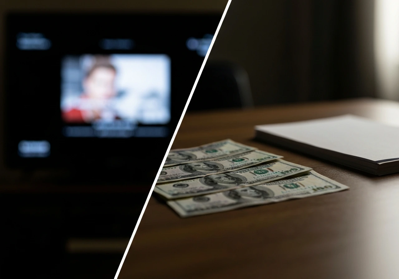 Minimal split-screen of a blank TV screen and scattered cash with a dark caution mood, symbolizing media and money contr