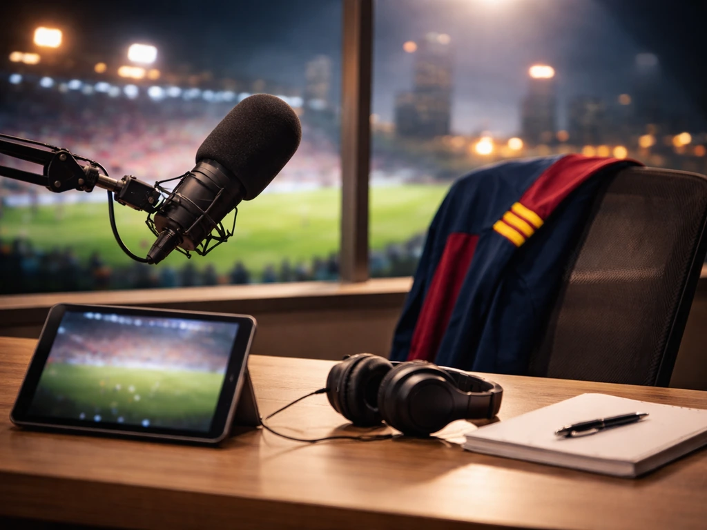Empty sports studio desk with microphone and headphones, symbolic of football media income.