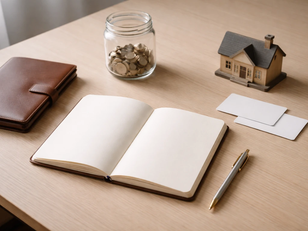 Minimal desk with unbranded cards, coins in a jar, and a small wooden house model representing asset categories.