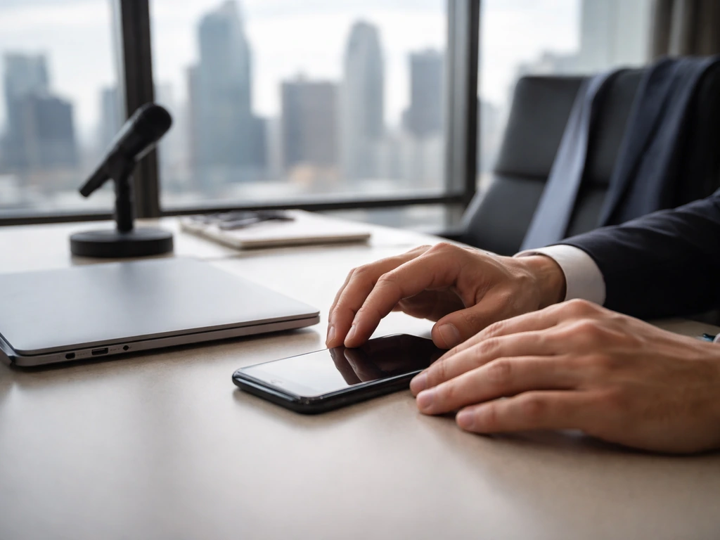 Minimal office scene with a smartphone and a blurred city view suggesting business and media finance