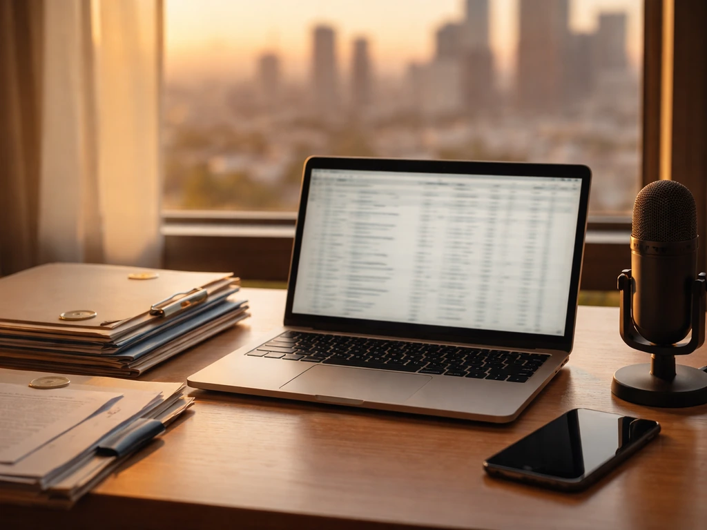 Minimal office desk with open laptop and paperwork suggesting layers of public financial info analysis
