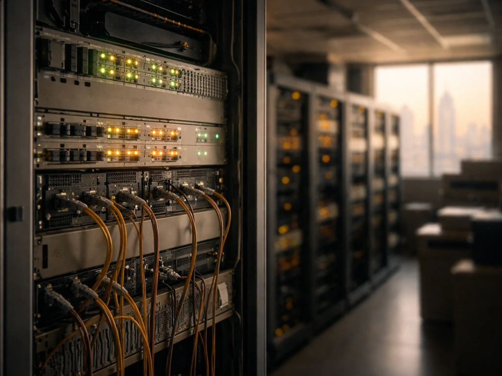 Sunlit telecom control room with stacked servers and a glowing network panel symbolizing the late 1990s era.