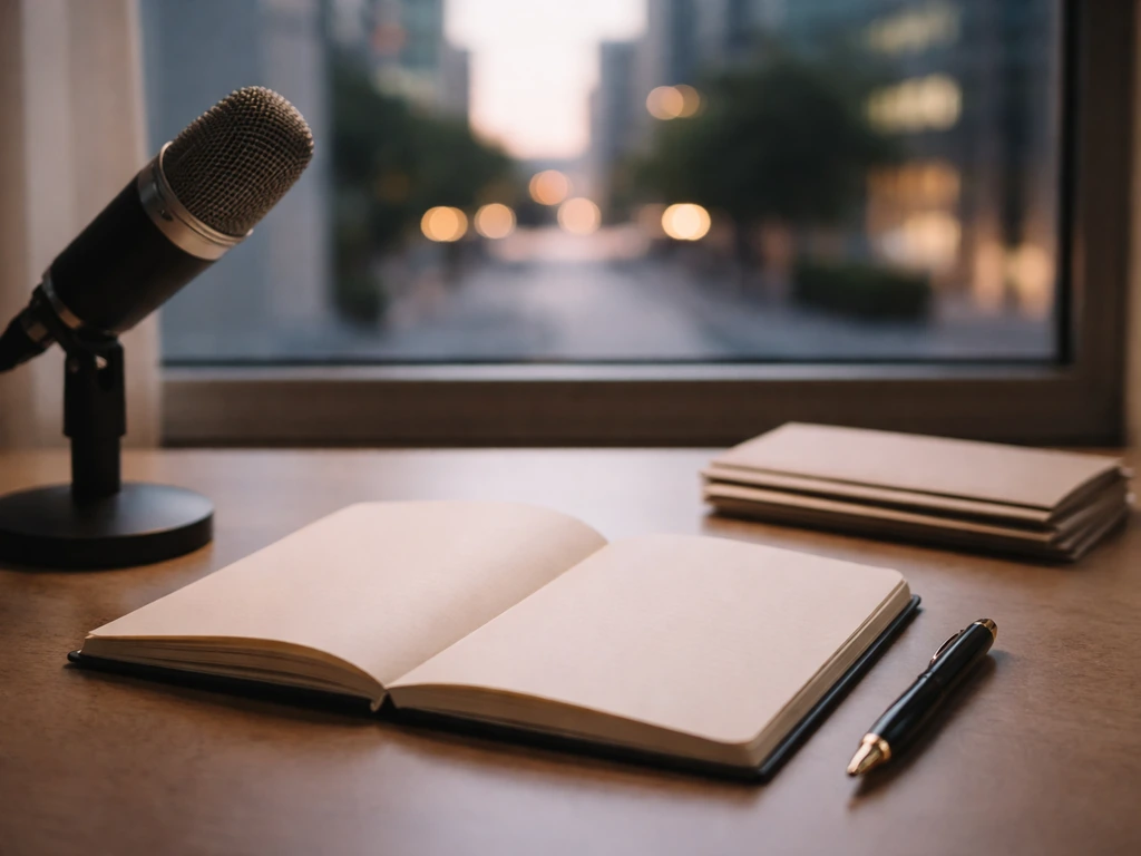Open notebook and pen on a desk with a microphone and envelopes, city buildings blurred outside window