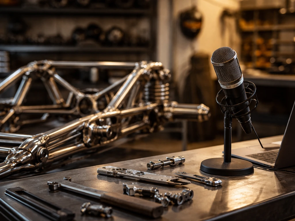 Custom metal fabrication workshop with a microphone and car frame, suggesting media and automotive wealth.