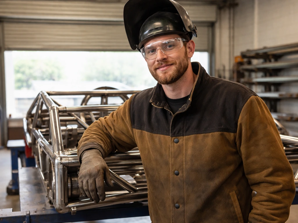 Texas metal fabricator in a clean workshop wearing protective gear beside a car frame