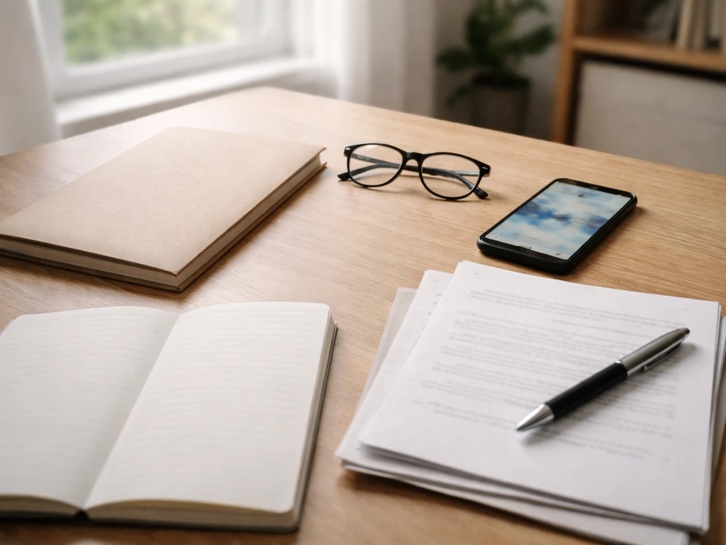 Minimal desk scene with layered documents, pen, and blurred finance phone feed in natural light.