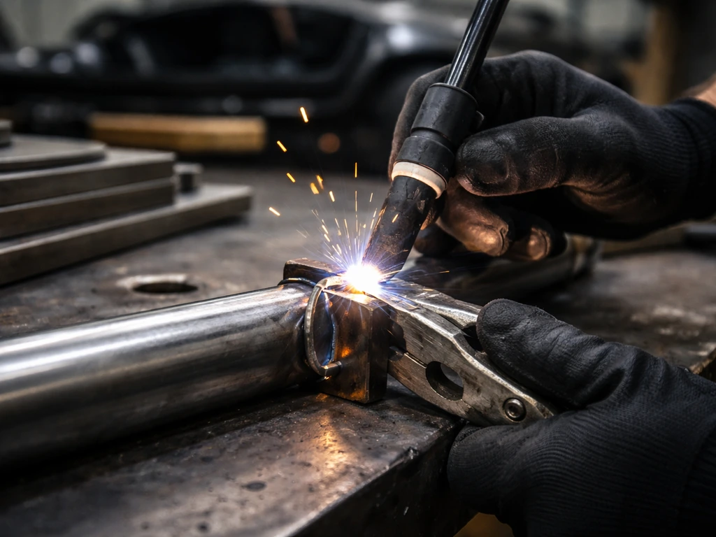 Gloved hands welding and shaping steel for an automotive restoration project at a tidy workshop station.