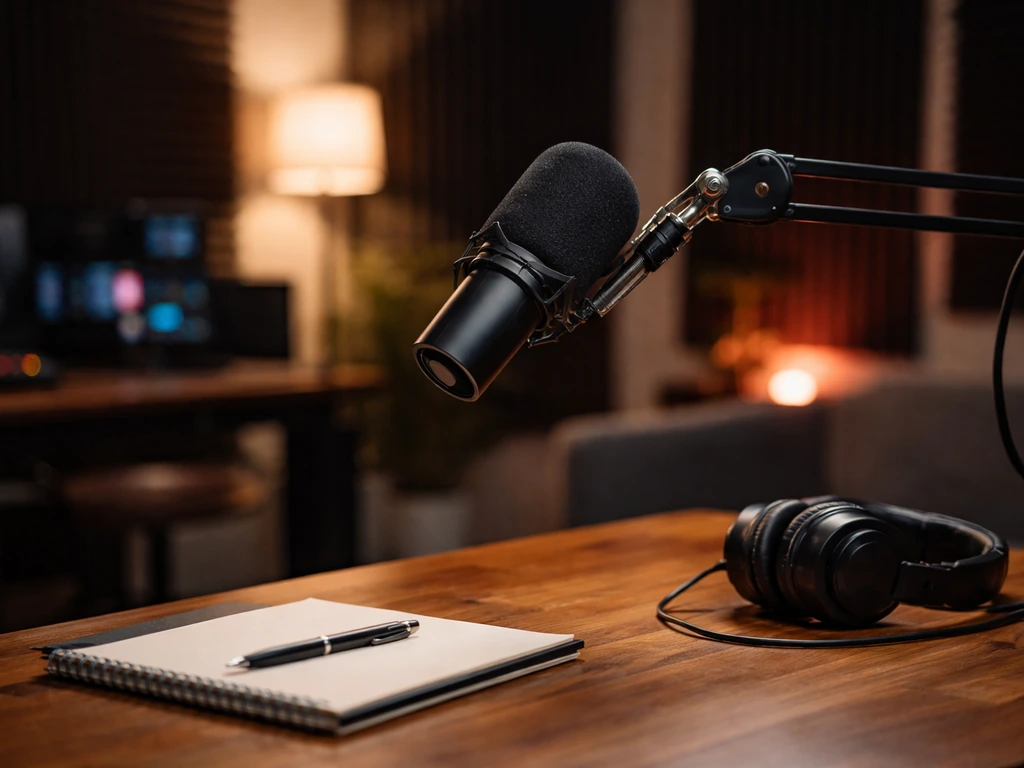 Minimal media studio scene with microphones and a polished desk symbolizing a TV writer/producer