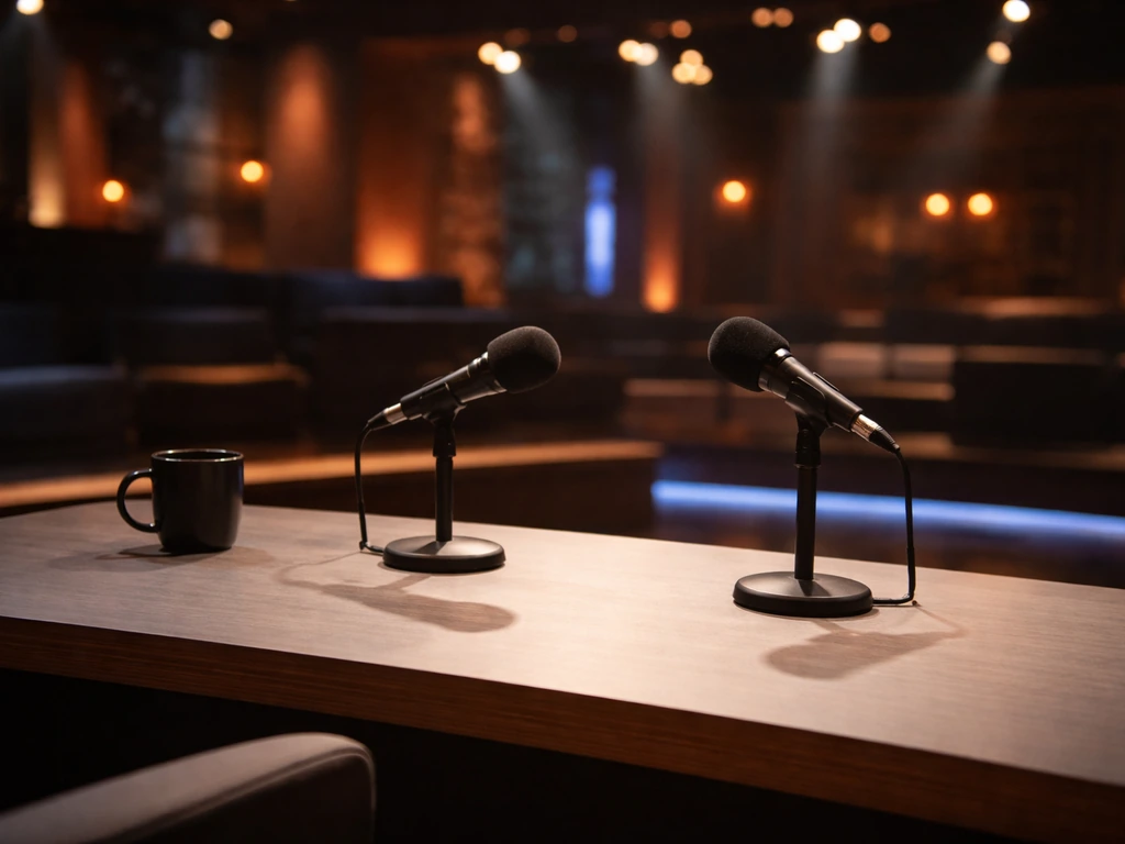 Empty television studio set with a studio desk and microphone, evoking a Spanish late-night talk show vibe.