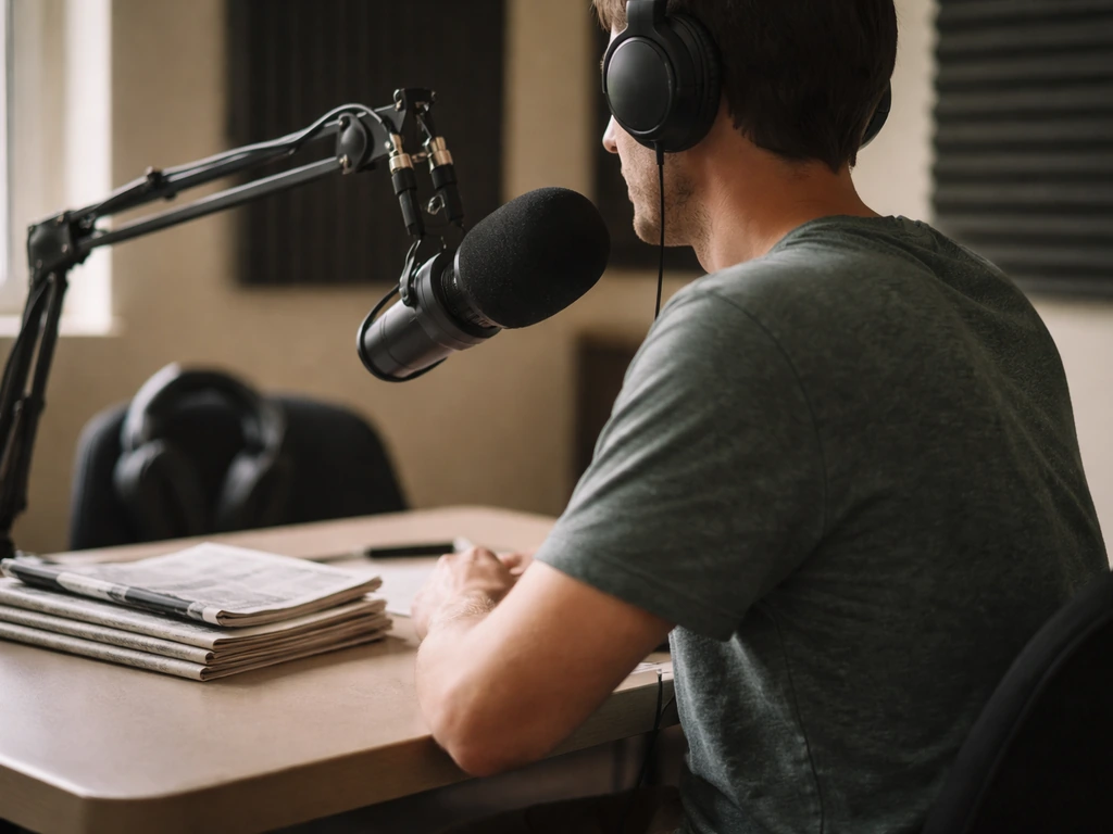 Anonymous journalist in a simple radio studio speaking near a microphone, papers on desk