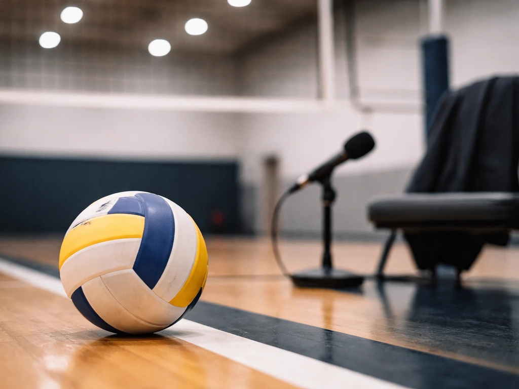 Minimal scene with a volleyball in soft focus and a sleek modern studio background suggesting a pro athlete profile