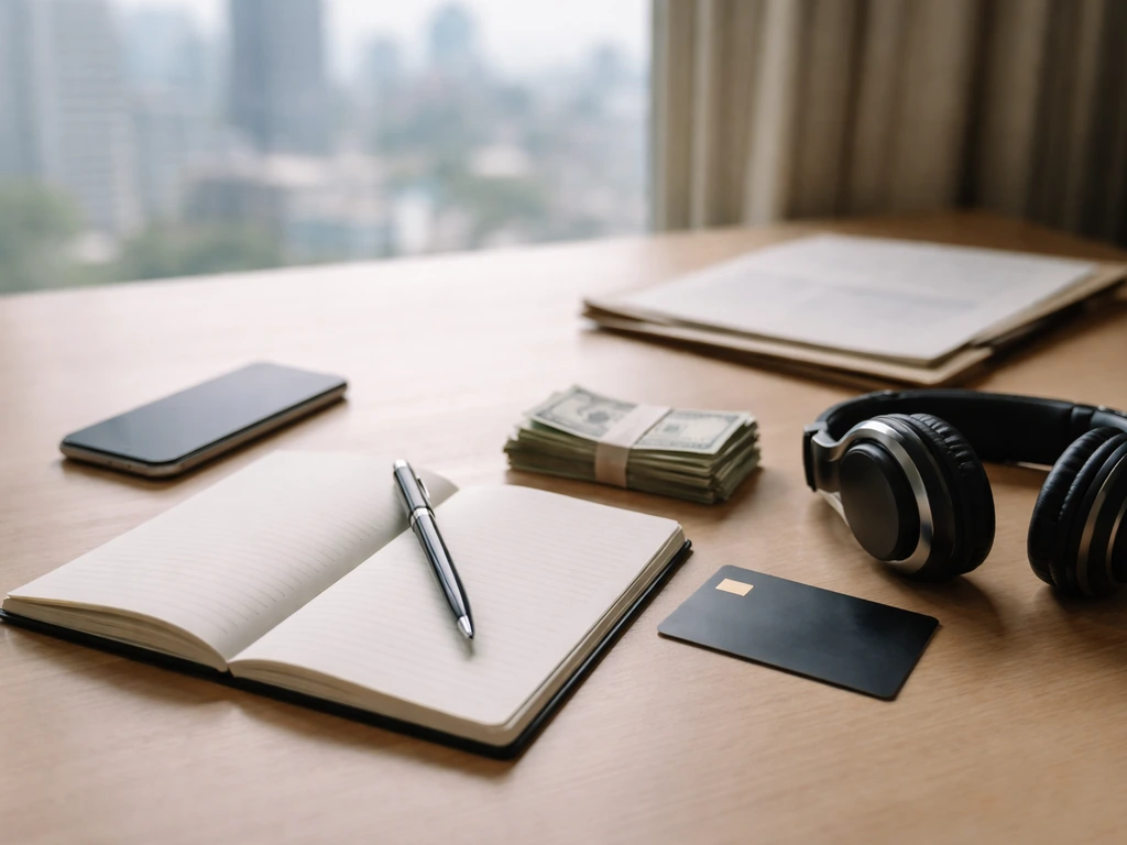 Minimal desk scene with blank notebook, phone, pen, cash, and headphones symbolizing athlete net worth calculation input