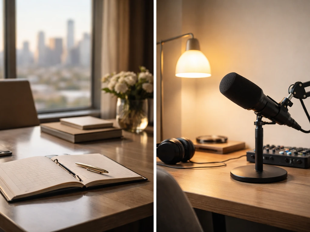 Split-scene of a luxury real estate office and a podcast studio with microphone, emphasizing identity context check.