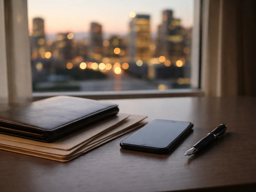 Minimal desk scene with documents and pen beside a smartphone, symbolizing research inputs for a net worth estimate.