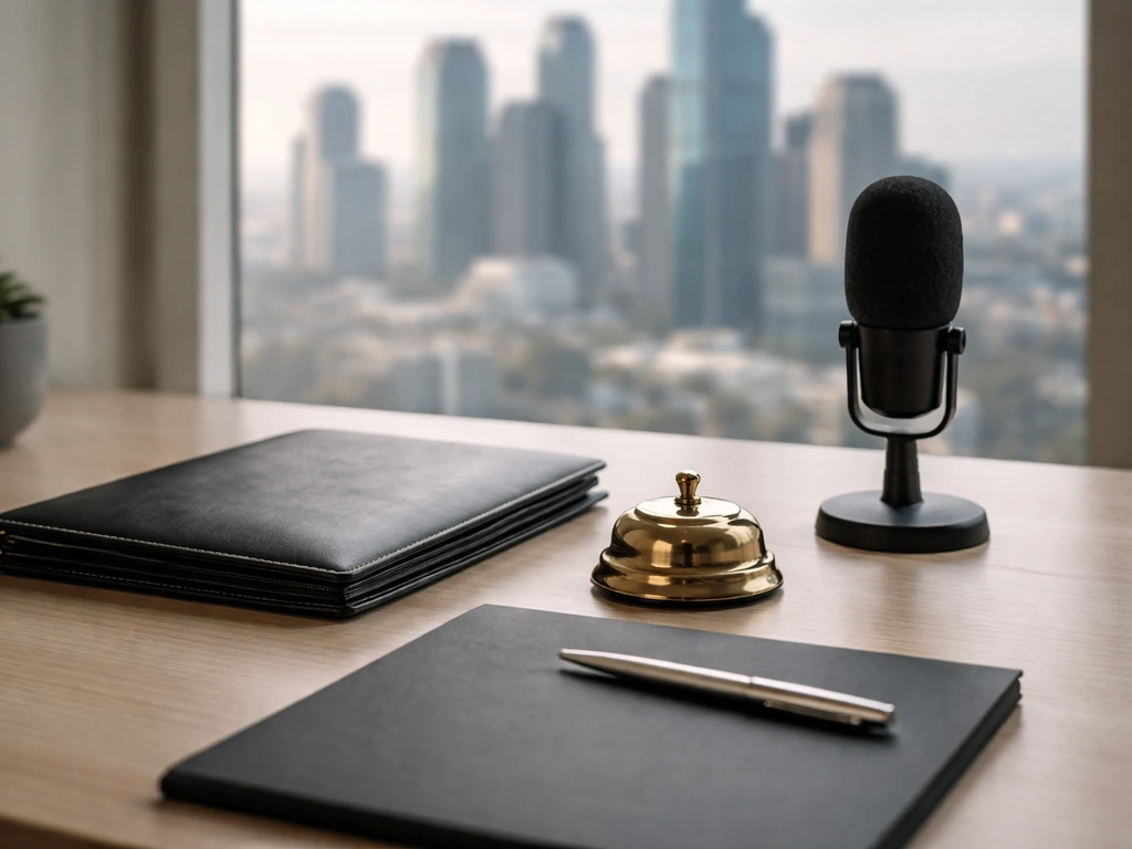 Luxury desk with portfolio and microphone, soft city skyline through window, business-media vibe.