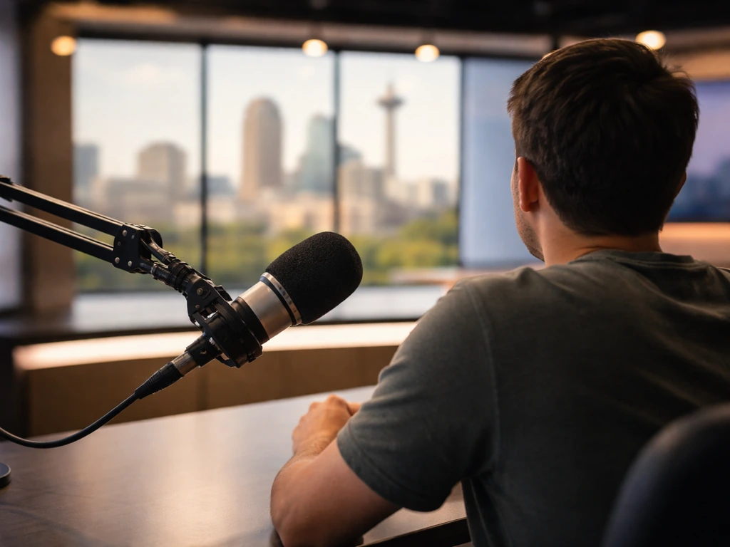 Anonymous TV studio desk with a broadcast microphone and blurred lights, implying a San Antonio media presence.