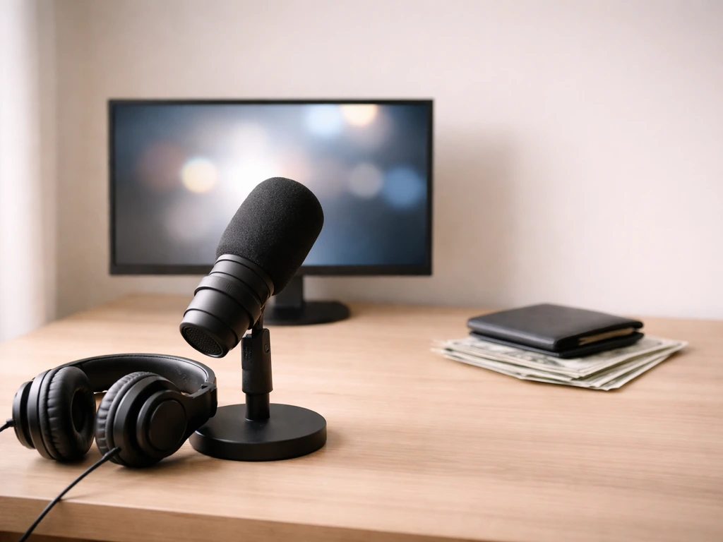 Minimal studio desk with stacked media and money symbolism: microphone, headphones, and scattered cash-like props.