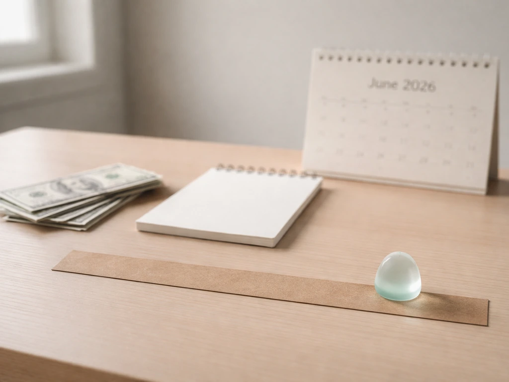 Minimal office desk with a spread of cash, a calendar page reading June 2026, and a blurred range marker on paper