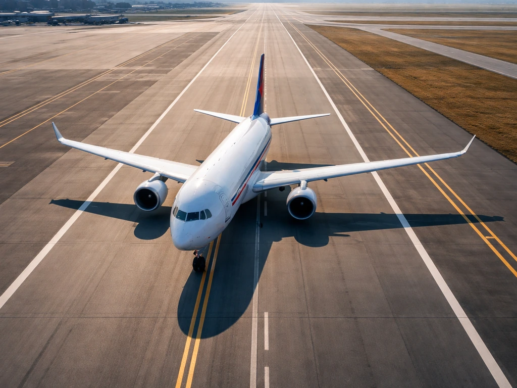 Dramatic aerial view of a passenger aircraft on a runway, symbolizing airline valuation and business context.