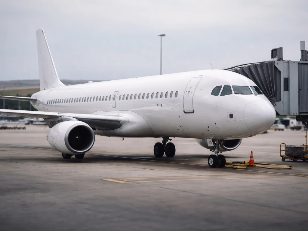 Side view of a passenger jet at an airport gate, terminal blurred in the background.