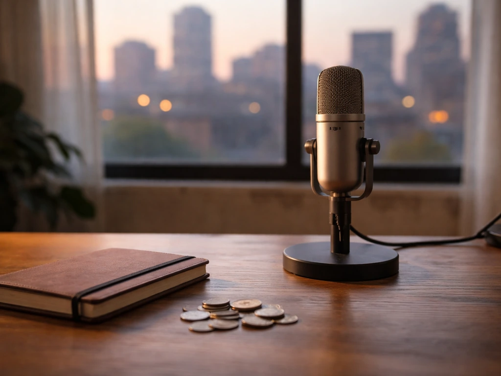 Minimal studio desk with a microphone and a blurred city window, symbolizing a defensible net worth range.