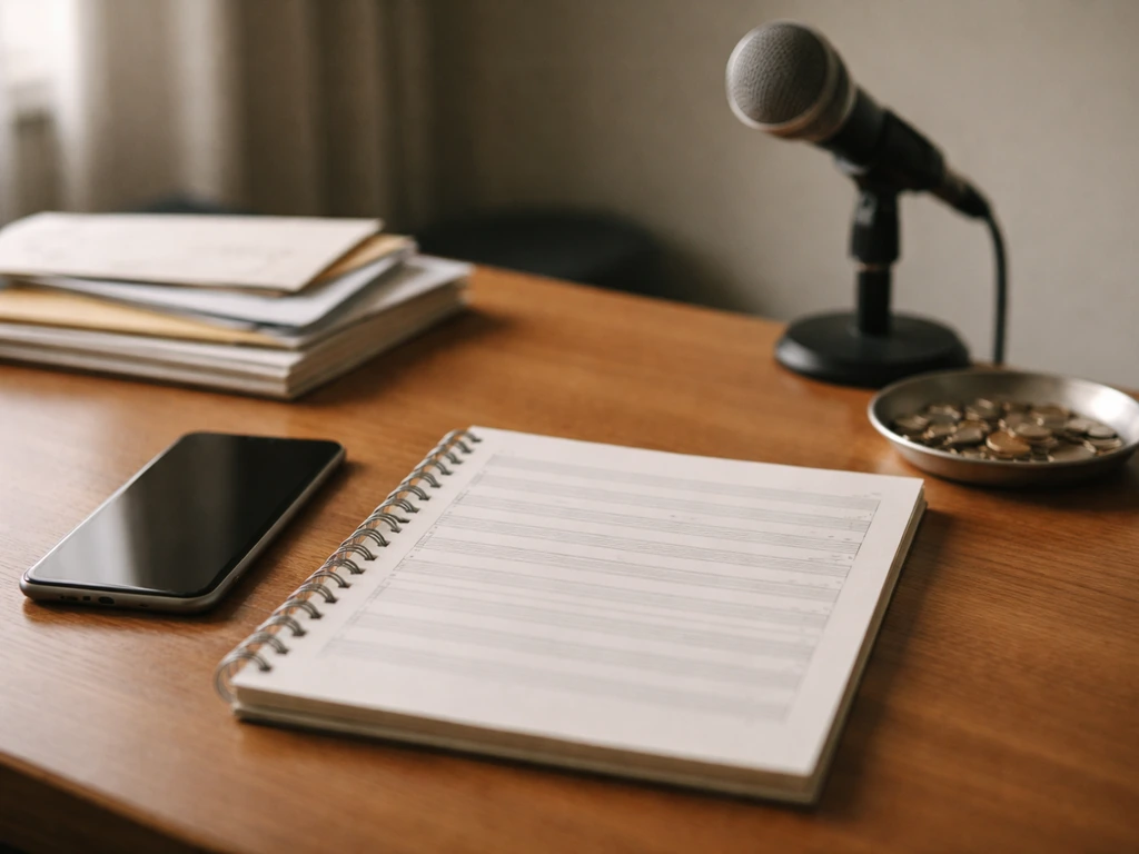 Studio desk scene with music notebook, microphone, coins and envelopes symbolizing changing career wealth over time.