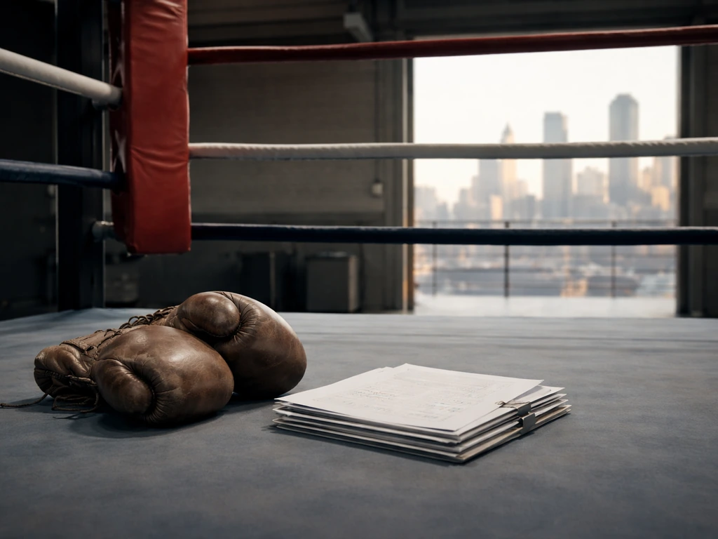 Worn boxing gloves and documents near a ring post with a glimpse of city skyline in the background.