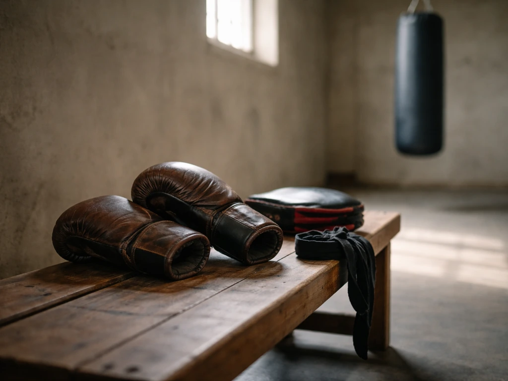 Anonymous boxing gym scene with a pair of gloves and focus mitts on a bench