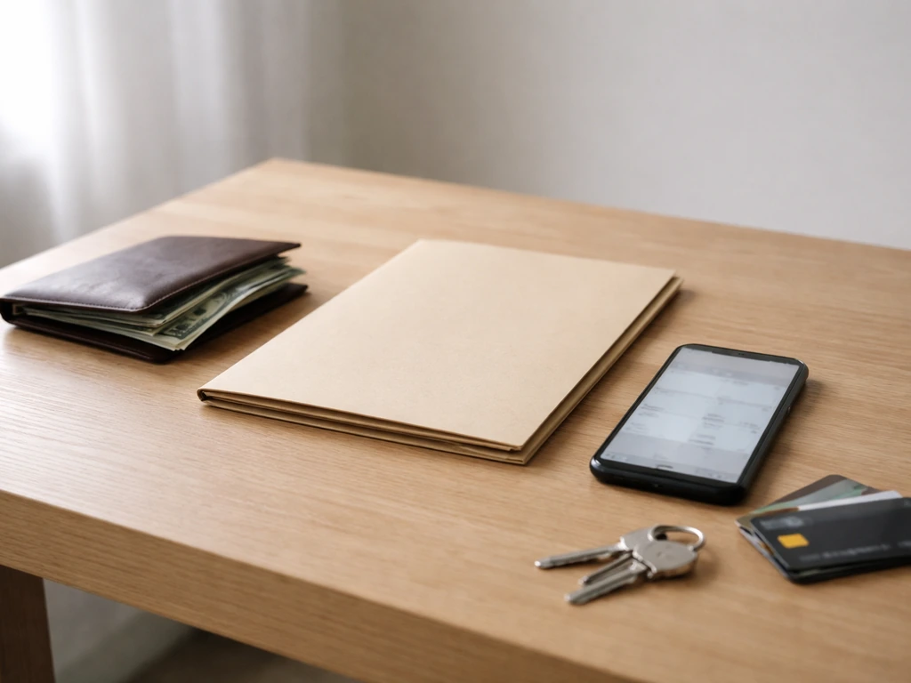 Minimal desk scene with scattered cash, contract folder, and smartphone showing a blurred financial dashboard.