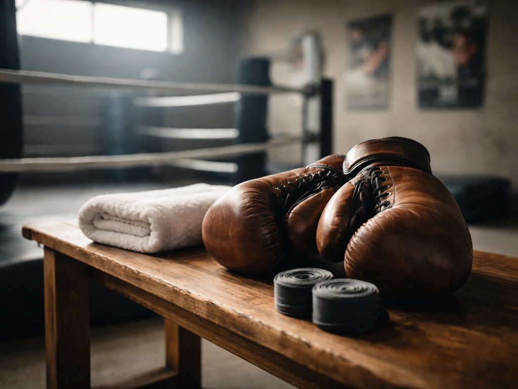 Boxing gym corner with gloves and training gear suggesting local sponsorship and media visibility.