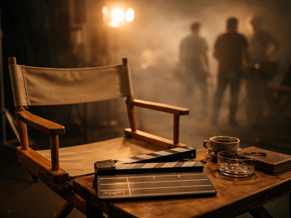 Spanish actor Javier Calvo-themed film set scene with a slate and warm cinematic lighting