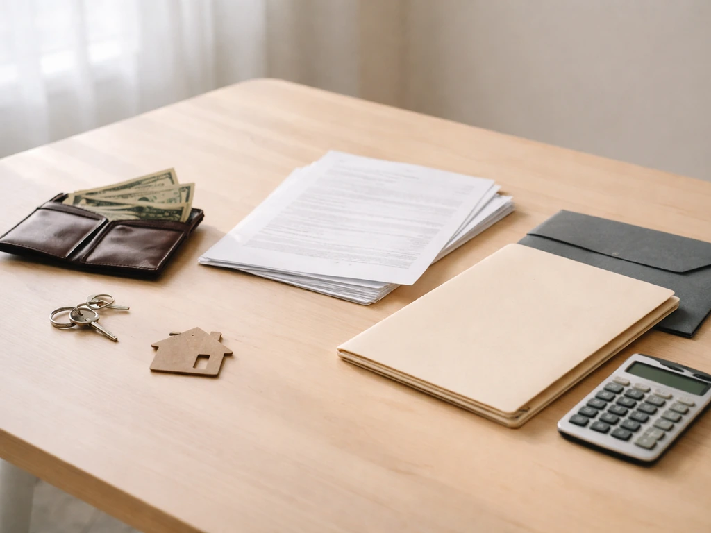 Minimal photo of a finance-themed desk with cash envelopes, a calculator, and a single folder representing assets vs deb