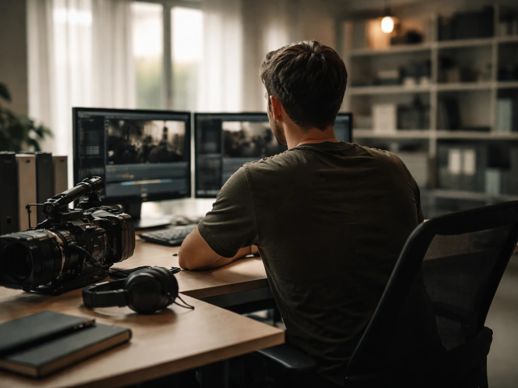 Anonymous producer at a minimal desk in a modern production office with camera gear and natural light.