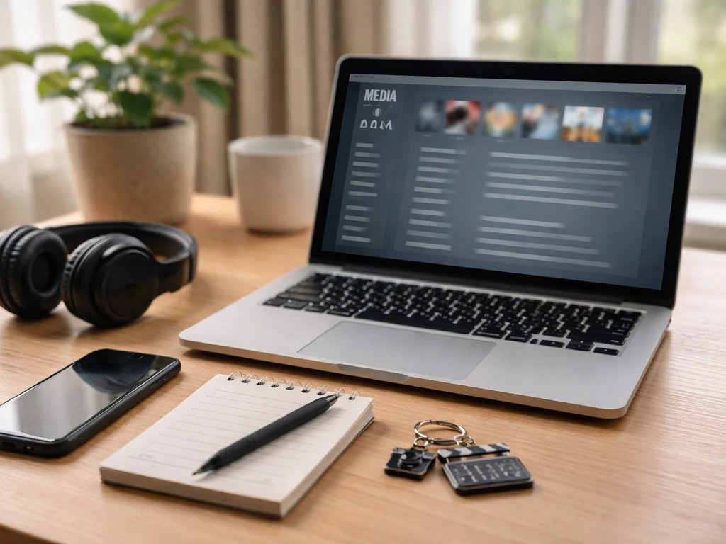 Minimal desk scene with laptop and phone for verifying media credits, without any visible text.