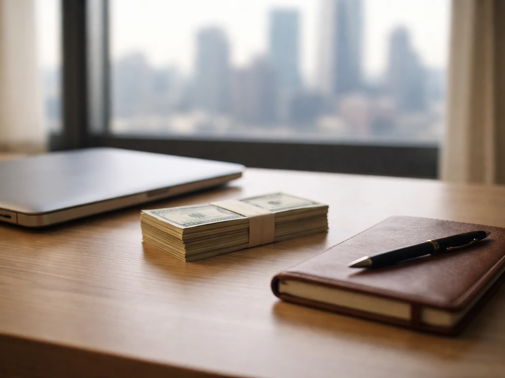 Minimal office desk with blurred city skyline and a small stack of cash, suggesting a net worth estimate range.