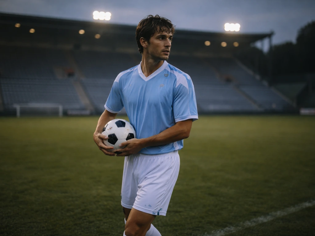 A vintage footballer in 2000s kit on a European stadium pitch, evoking the era of elite wages.