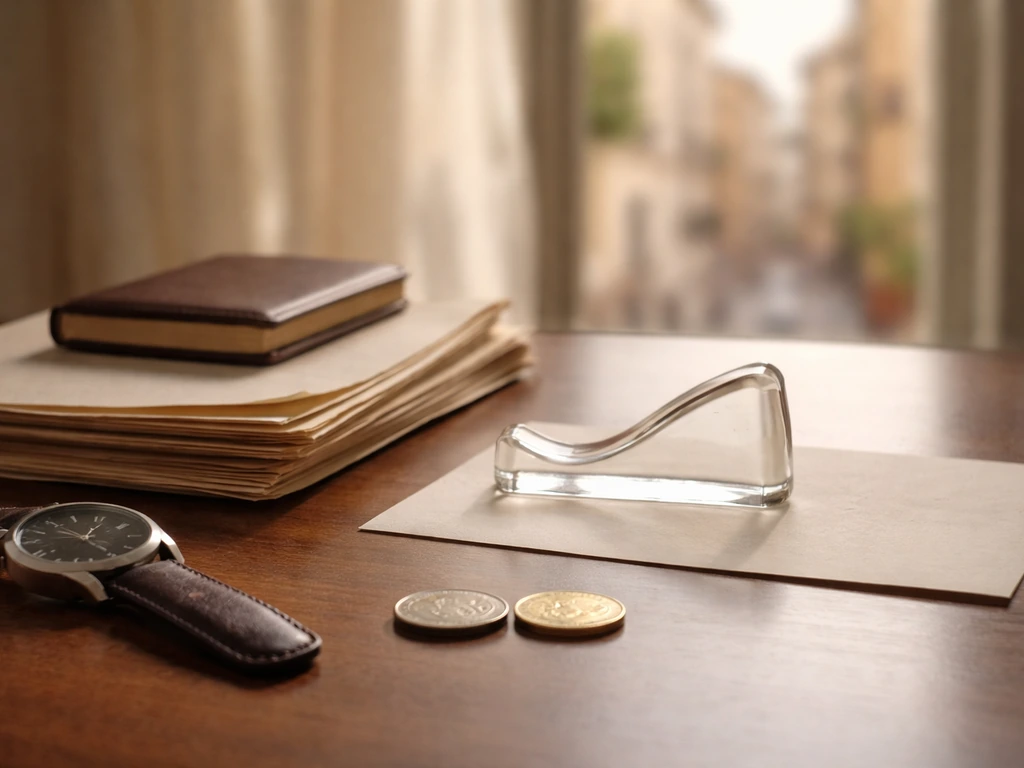 Minimal desk scene with coins, papers, and an upward-shaped paperweight suggesting wealth changing over time.