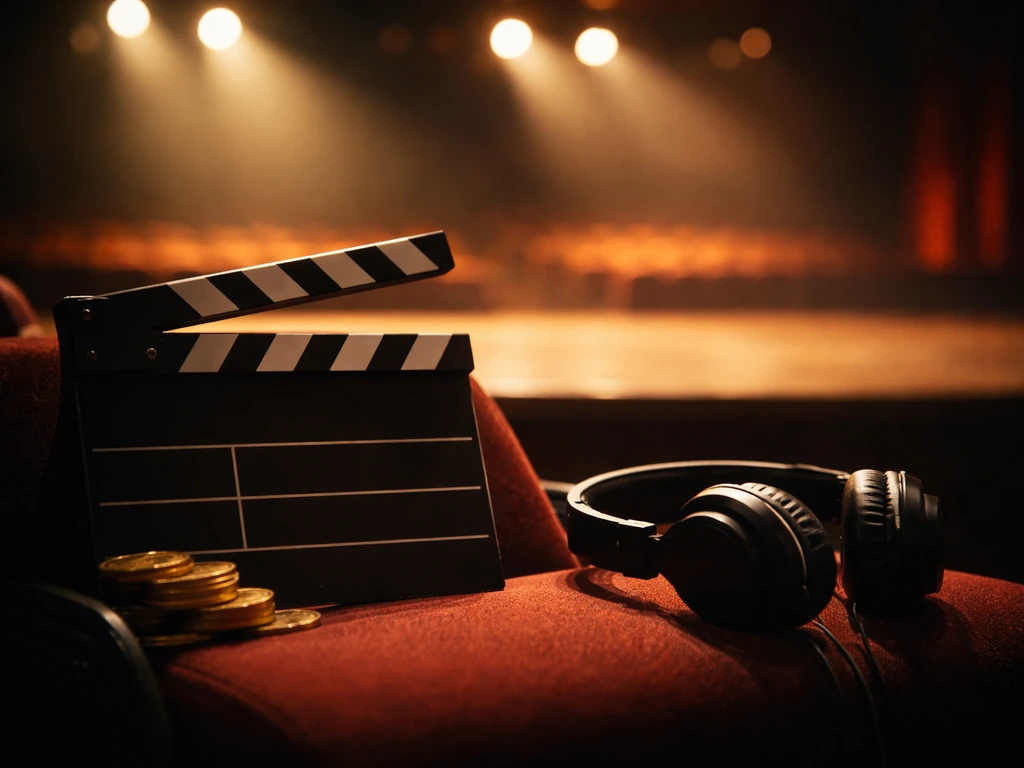 Cinematic theater stage lighting with a producer-style film clapper and a subtle money motif in the background